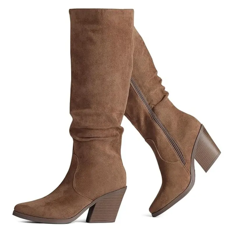 Women's Faux Suede Pointed Toe Chunky Heel Knee-High Boots, High Heeled Booties with Side Zipper, Elastic Microfiber Comfortable Heels, Trending Shoes for Women