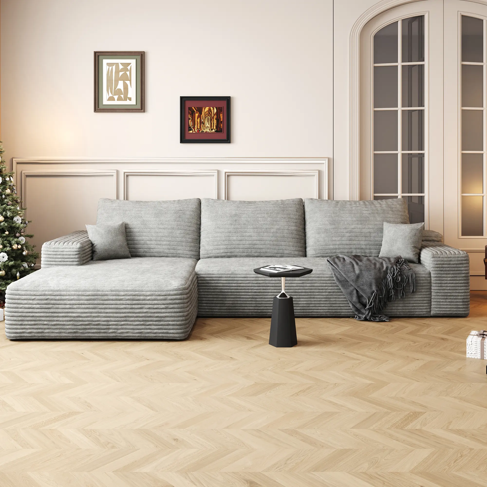 Modern Modular Cloud Sectional Sofa with Deep Seat, Plush Corduroy Upholstery, L-Shape Chaise, No Assembly Required, Grey, Multiple Size and Configuration Options