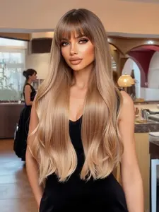 28 Inch Fashionable New Long Wavy Brown Wigs with Bangs and Dark Roots, Synthetic Women's Wigs Suitable for Daily Use, Dance Parties or Cosplay Taking Photos