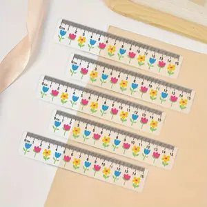 10pcs Clear Plastic Ruler with Large Numbers Flower Designs for Office, The side features a serrated structure, Transparent, Easy to Read Design, Office Supplies, Precision Measuring, Sleek Appearance, Clear Construction