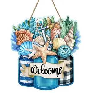 Marine Life Pattern Welcome Hanging Sign, Hangable 1 Count Wooden Hanging Decor for Home Living Room Bedroom, Home Decor