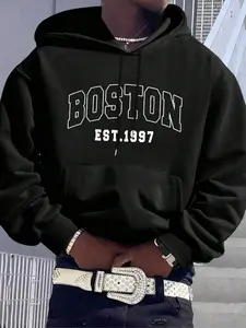 Plus Size Men's Letter & Figure Print Drop Shoulder Drawstring Fuzzy Hoodie, Graphic Print Hoodie, Casual Thermal Lined Long Sleeve Kangaroo Pocket Design Hooded Sweatshirt for Fall & Winter, Men's Plus Size Sportswear for Outdoor Activities