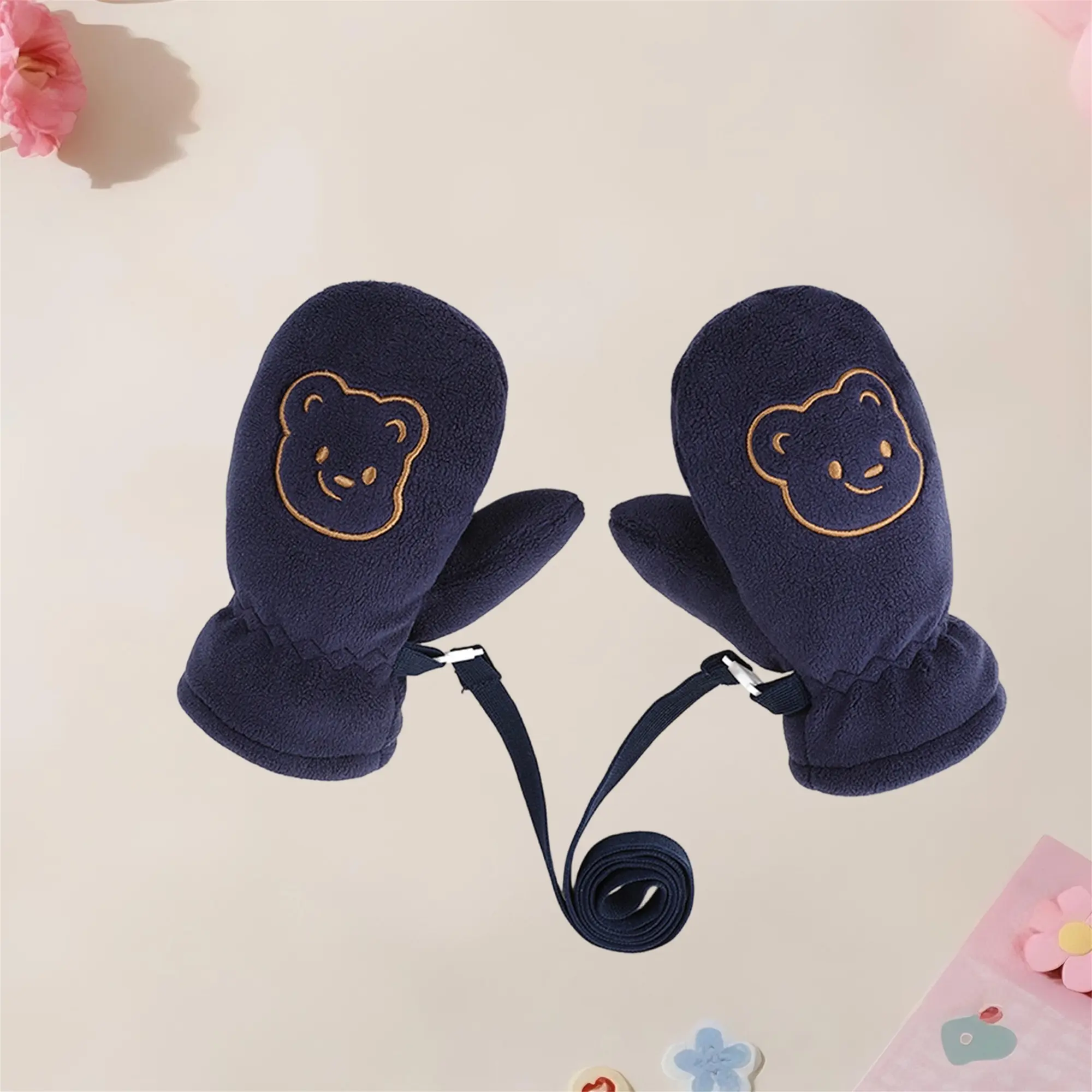 Kids' Soft Cotton Winter Gloves, Warm Bear Embroidery Mittens with Anti-Lost String for Toddler Boys & Girls Outdoor Wear, 1 Pair, 2-4 Years, Kids’ Hands, 6-24 Months