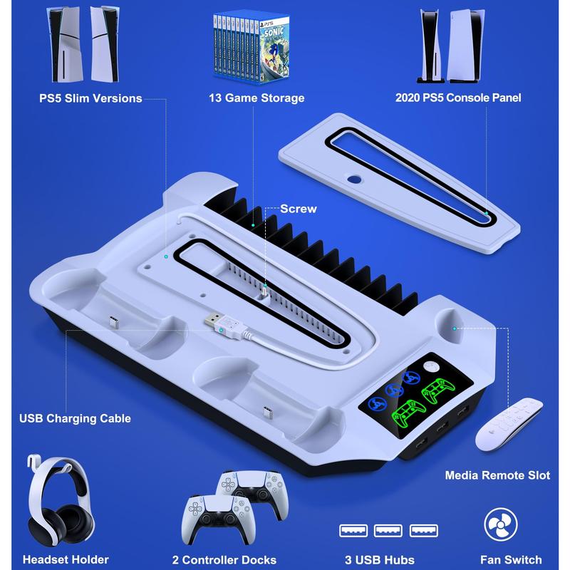 PS5 Silm Stand,Beboncool PS5 Cooling Fan Stand and Dual Controller Charger Station Compatible with PS5 optical drive version/digital version and PS5 Slim new console cooling, and can charge 2 PS5 controllers at the same time