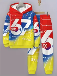 Boys' Digital '67' Creative Print Hoodie Set, Trendy Fashion Kids Casual Fitted Sweatshirt, 3D Full-Print Design, All Seasons Wear