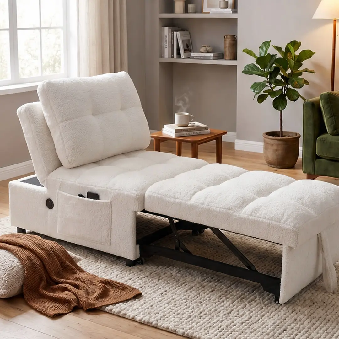 Armless Convertible Sofa Bed - Teddy Fabric White Modern Upholstered Futon Sleeper, Cozy Reclining Armless Sofa Recliner with USB Charging Side Pocket, Adjustable Backrest, 58.55 lb, for Small Apartments, Cozy Reclining Sofa