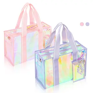 Beach Bag for Women Clear Iridescent Zipper Pool Swim Beach PVC Tote Bag w/Makeup Bag & Waterproof Phone Pouch Summer Essentials for Sports Events Concert Beach Work Swimming pool Easter Basket idea