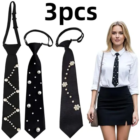 Women’s 3-Piece Pre-Tied Silk Skinny Neckties - Rhinestone Accented, Adjustable Length Casual Elegant Tie for Party, Prom