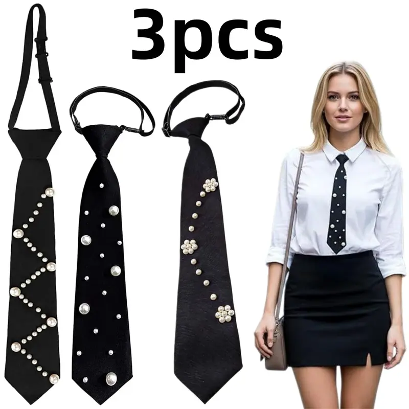Women’s 3-Piece Pre-Tied Silk Skinny Neckties - Rhinestone Accented, Adjustable Length Casual Elegant Tie for Party, Prom
