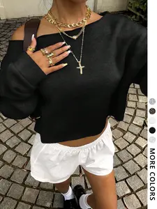 Women's Off-Shoulder Short Sweatshirt, Comfortable Loose Fit Long Sleeve Thick Sweater, Everyday Casual Y2K Style Spring & Fall Fashion Tops