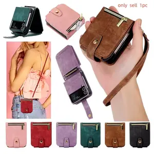 Crossbody Leather Case for Samsung Galaxy Z Flip 3 4 5 6 Flip3 Flip4 Flip5 Flip6 Wallet Case Zipper Phone Cover Lanyard Strap
