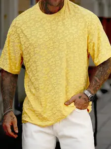 Men's Short Sleeve Casual Loose T-Shirt, Round Neck, Knitted Jacquard Flower Design, Versatile Daily Wear, Suitable for Commuting, Travel, Vacation, Menswear