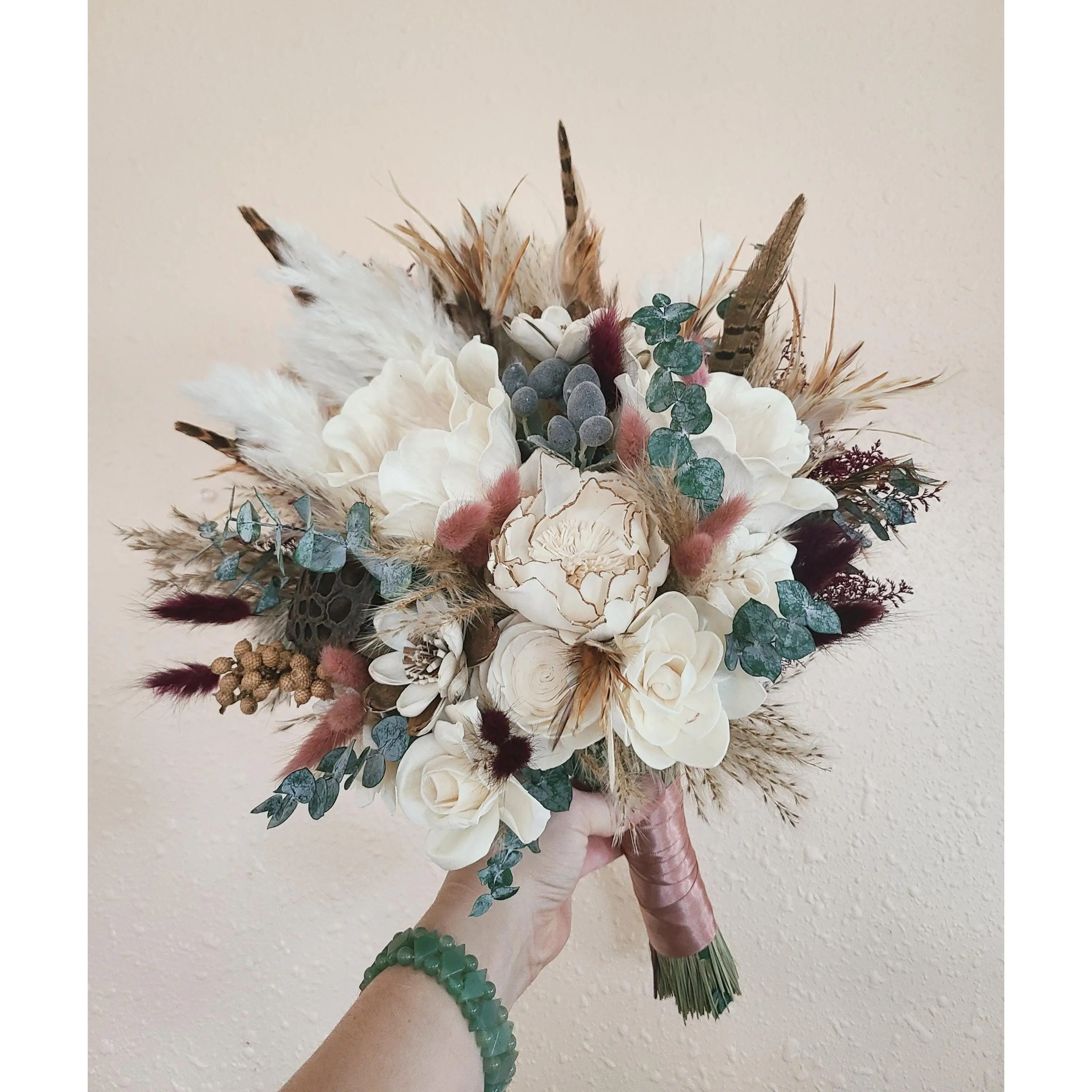 Mauve Pink Wooden Boho Artificial Flower Bouquet - Faux Decorative Flowers with Bunny Tails, Eucalyptus for Home Accents, Artificial Flower Bouquets