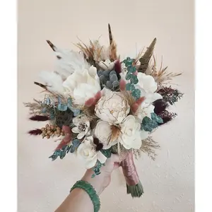 Mauve Pink Wooden Flower Boho Bouquet, Home Decor Piece with Bunny Tails and Eucalyptus for Home Decor Accents