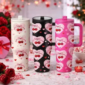 AuraCup 1pc 40oz Insulated Tumbler, Flasks, with Handle and Lid, Cute Cherry Heart Valentine Pattern, Stainless Steel Vacuum Travel Mug, Large Capacity Reusable Cup, Keeps Drinks Cold 12h Hot 6h, Valentine's Day Gift for Women, Coffee Tea Water