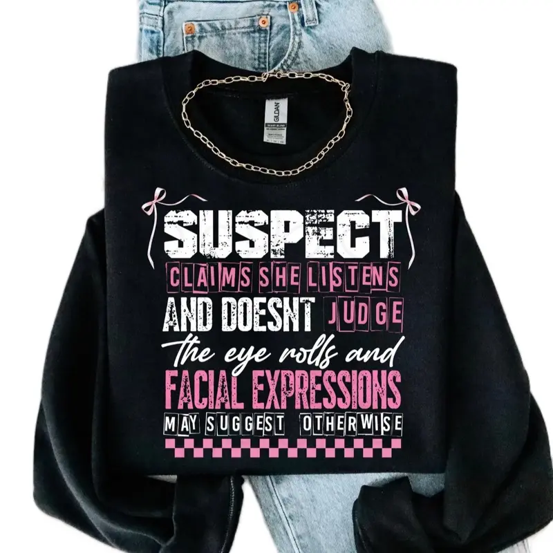 Suspect Says Graphic Tee - Black Sweatshirt with Text Design and Chain Neckline