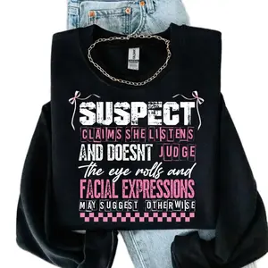 Suspect Says Graphic Tee - Black Sweatshirt with Text Design and Chain Neckline