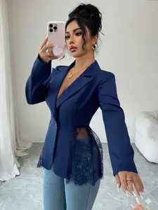Women's Lace Patchwork Slim Fit Long Sleeve Statement Blazer Jacket, Elegant High Waist Design, Perfect for Commuting, Dating, Parties, Womenswear