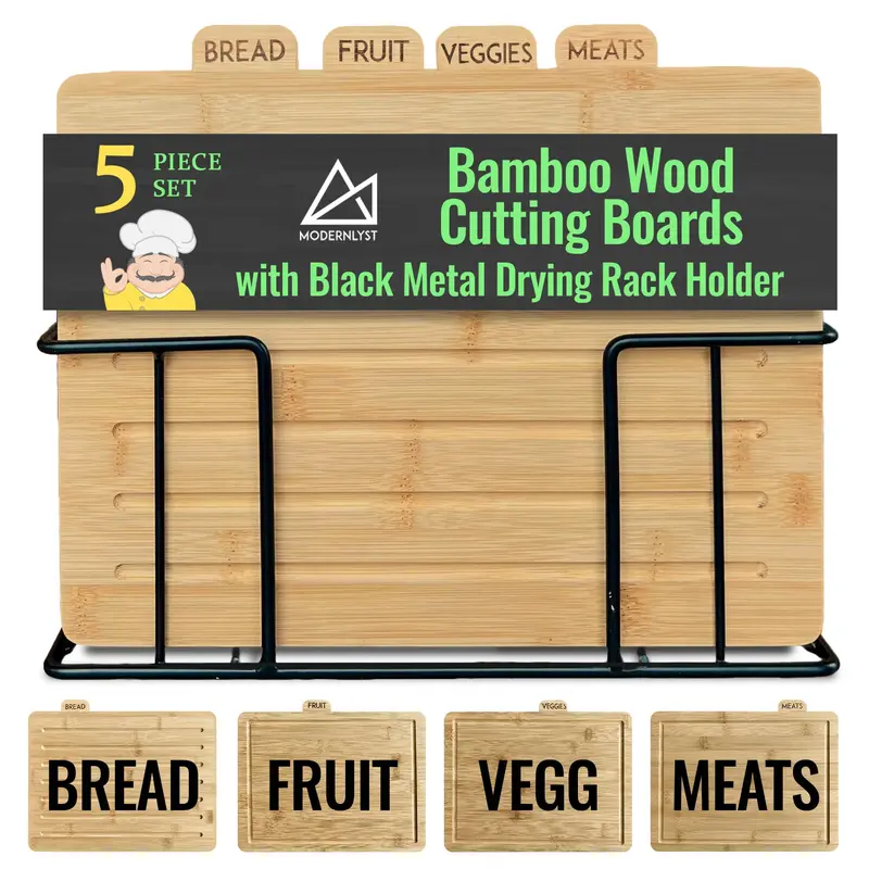 MODERNLYST Wood Cutting Board Set with Holder 13"x11"x 3" | Wooden Cutting Boards for Kitchen | Labeled Chopping Board Sets | Large Bamboo Cutting Board Sets with Stand | Chopping Boards for Kitchen
