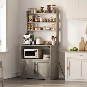Summervibes Flash sale home items 62.5'' Tall Bakers Rack, Compact Microwave Oven Stand with Charging Station, Storage Cabinet & Open Shelves, Wooden Coffee Bar Station for Dining Room & Living Room