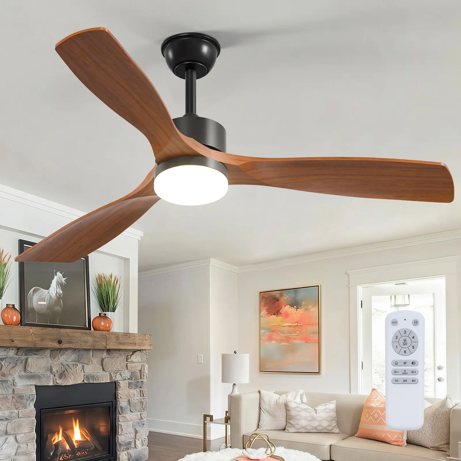 52 Inch Black Ceiling Fans with Lights and Remote,Dimmable LED Light,Quite Reversible DC Motor,Memory Function,Modern Solid Wood Indoor Outdoor Ceiling Fan with Light for Office Patios