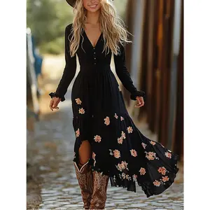 Floral Print Retro Dress - Long Sleeve V Neck Boho Vintage Casual A Line Dress for Daily Wear in Black with Slight Stretch Fabric for Festive Occasions