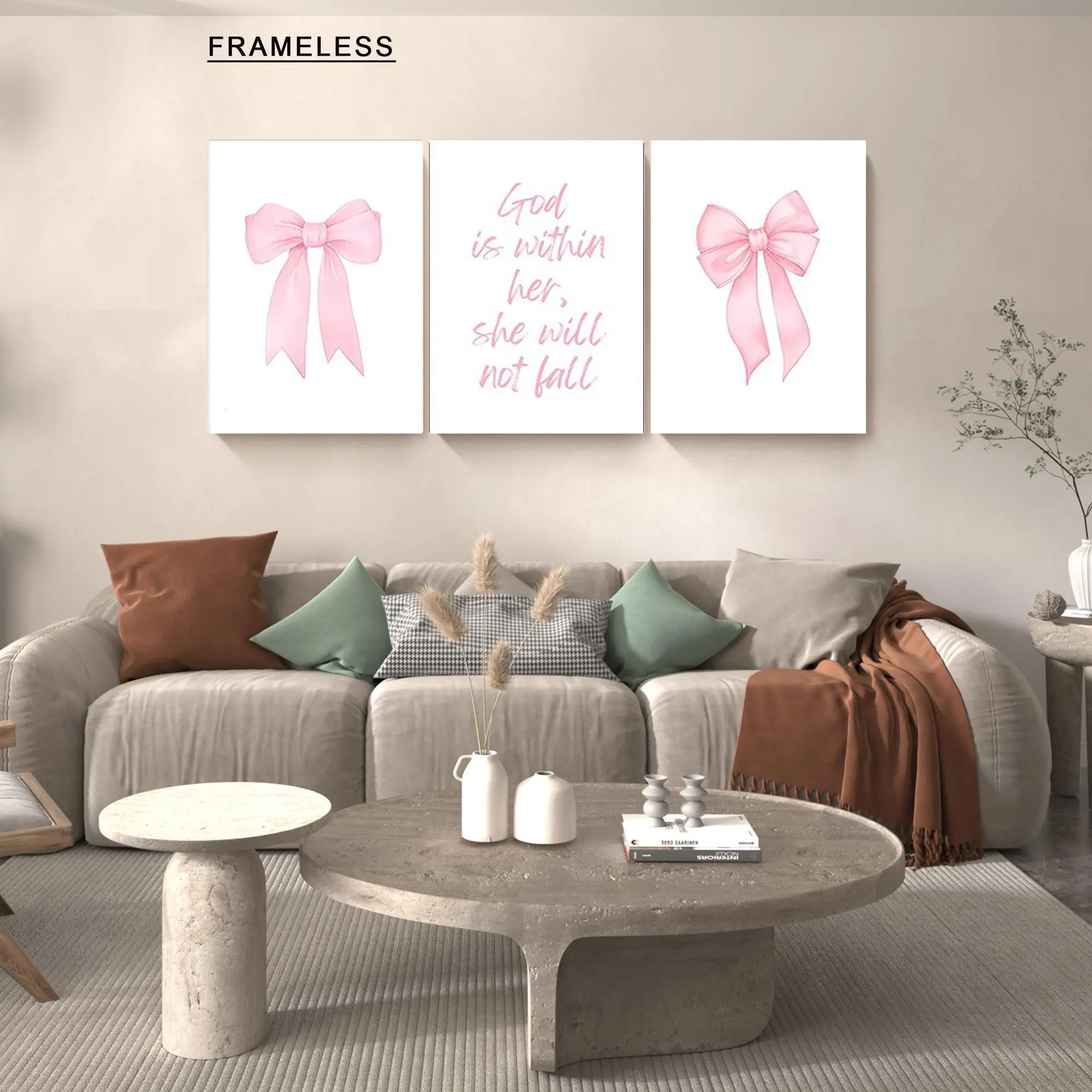 3pcs Bow Canvas Wall Art, Inspirational Bible Verse Poster, Girl Room, University Apartment, Living Room, Bedroom Decor, Frameless