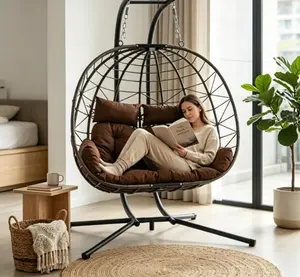 Double Hanging Egg Chair with Stand Extra Large Patio Hammock Swing Chair with Cushion Loveseat for Bedroom Balcony Garden Indoor Outdoor Sturdy Construction Comfort Cushions Easy to Assemble