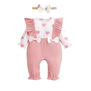 Ready Stock 1-18M Baby Girls Casual Clothes Heart Print Bow Decor Long Sleeve Corduroy Ruffle Jumpsuit and Headband Two-Piece Set Pink 42508007