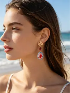Summer Boho Drop Earrings, Geometric Acrylic & Ceramic Print, Blue Lobster Koi Crab Coral Pendant, Ocean Jewelry for Women