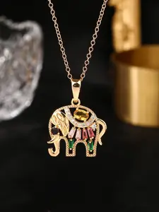 Colorful Elephant Pendant Necklace with Sparkling Gemstones - Champagne Golden-Tone Cute Animal Jewelry for Women, Everyday & Party Wear, Year-Round Fashion Accessory, Elephant Jewelry, Gemstone Embellished, Goldtone Chain