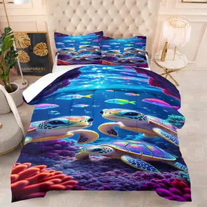 Colorful Sea Turtle Comforter Set with Silk-Cotton Filling, 3D Digital Print Bed Set includes 1/2 Pillowcases without Core, Soft Microfiber Bedding, Soft Bedding Sets, Beach Lover Bedroom Decor Bedding Set