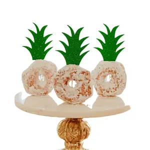 Green Glitter Pineapple Cupcake Toppers - Tropical Luau Cake Decorations with Donut Picks for Summer Hawaii Party Supplies