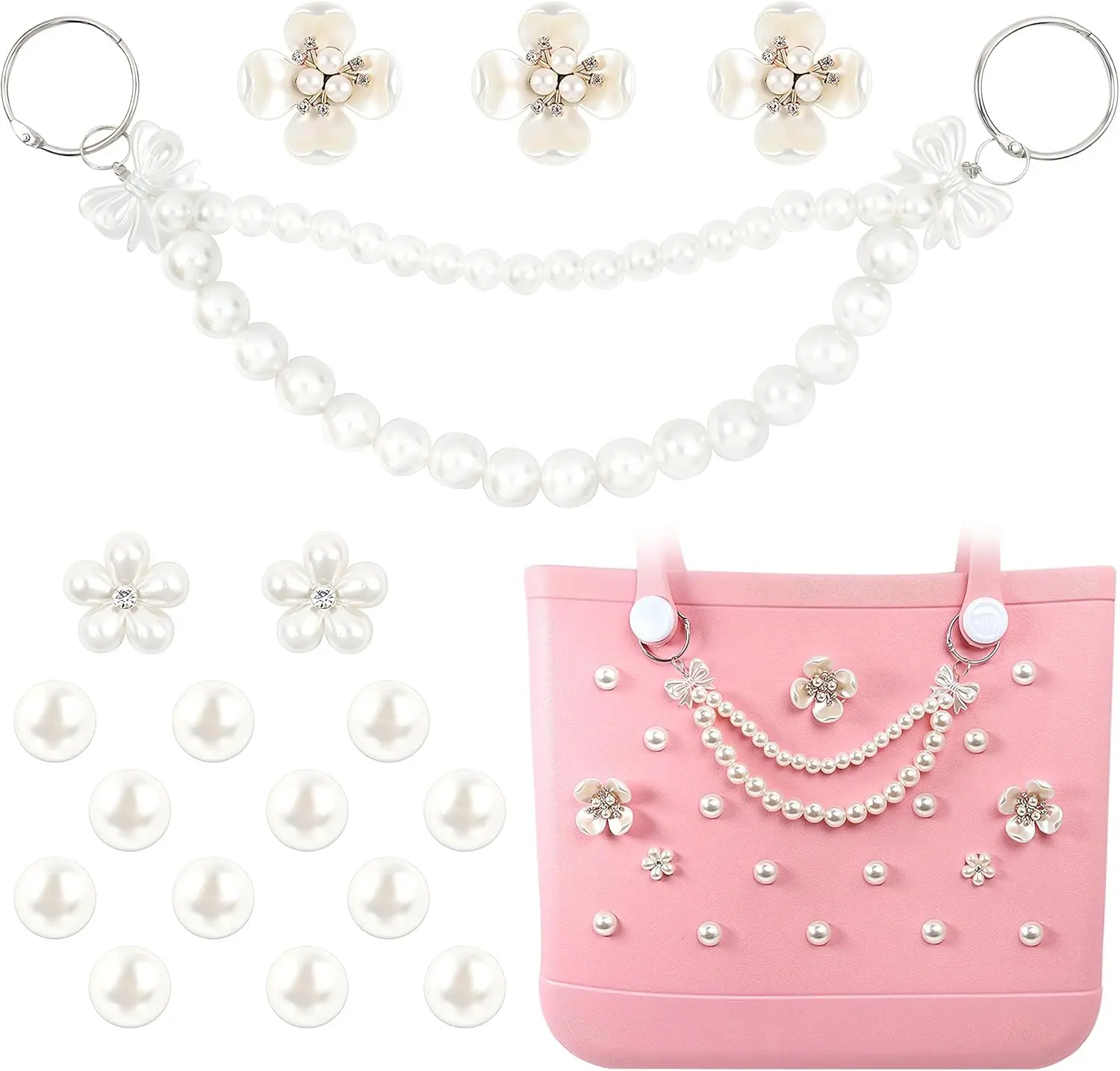 18Pcs Pearl Flowers and Bow Chain Charms for Bogg Bag - Cute Silicone Insert Accessories Compatible with Simply Southern Beach Tote