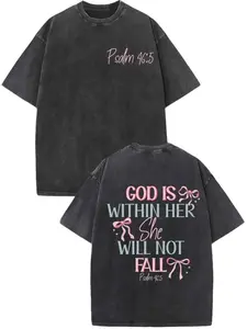 Women's & Unisex Washed T-Shirt - Bible Verse Psalm 46:5 Print (God is Within Her She Will Not Fall) - Pink Bow & Scripture Design, Soft Short Sleeve