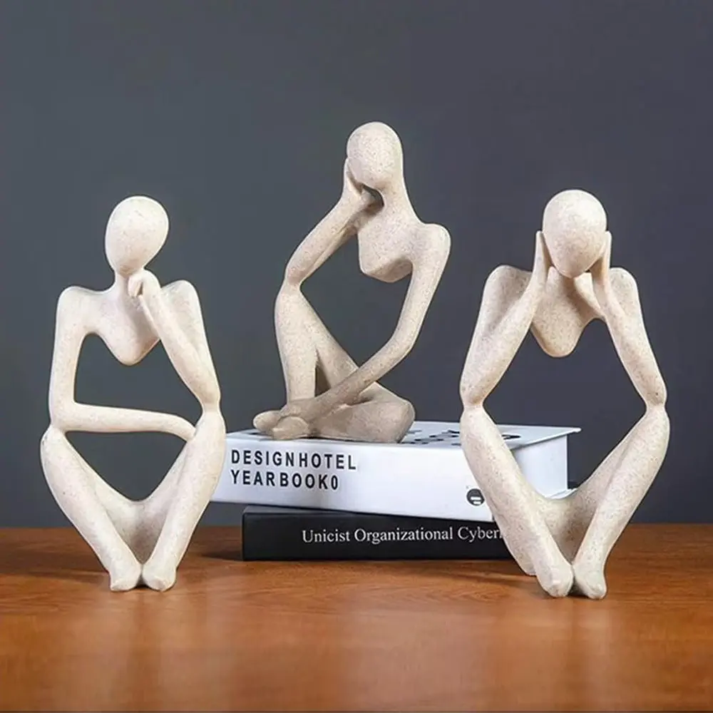 Set of 3 Resin Thinker Figurine - Sandstone Abstract Art Statue Sculpture for Desk & Bookshelf - Decorative Ornament for Bedroom, Living Room, Office & Home Decor - Gift Idea for Birthday, Housewarming, Father's Day & Christmas