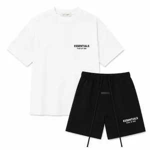 (Tee and Shorts) Fear of God Essentials T-shirt & Shorts SetStretch Jet Black/Bright White OVER SIZE Casual Wear Comfortable FitSimple Design Versatile Everyday Wear Menswear TopsCrewneck ShortSleeve Light