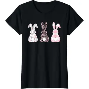 Adorable Pink Leopard and Plaid Flower Easter Bunny Rabbit T Shirt