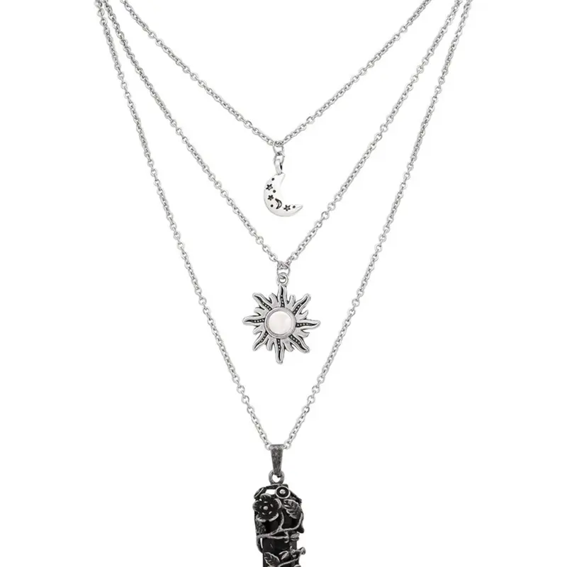 Gothic Layered Crystal Sun and Moon Necklace, Statement Necklace, Layered Necklaces, Gothic Goth Emo Grunge Necklace, Goth Jewelry, Halloween Christmas Gift For Women Gothic Style, Layering Necklaces, Accessory Necklace, Necklace Stack