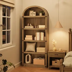 Garvee Farmhouse Arched Bookcase Cabinet – 71.65in Tall Wooden Bookshelf - 5-Tier Wooden Freestanding Open Display & Storage for Living Room, Bedroom, Home Office – Gray