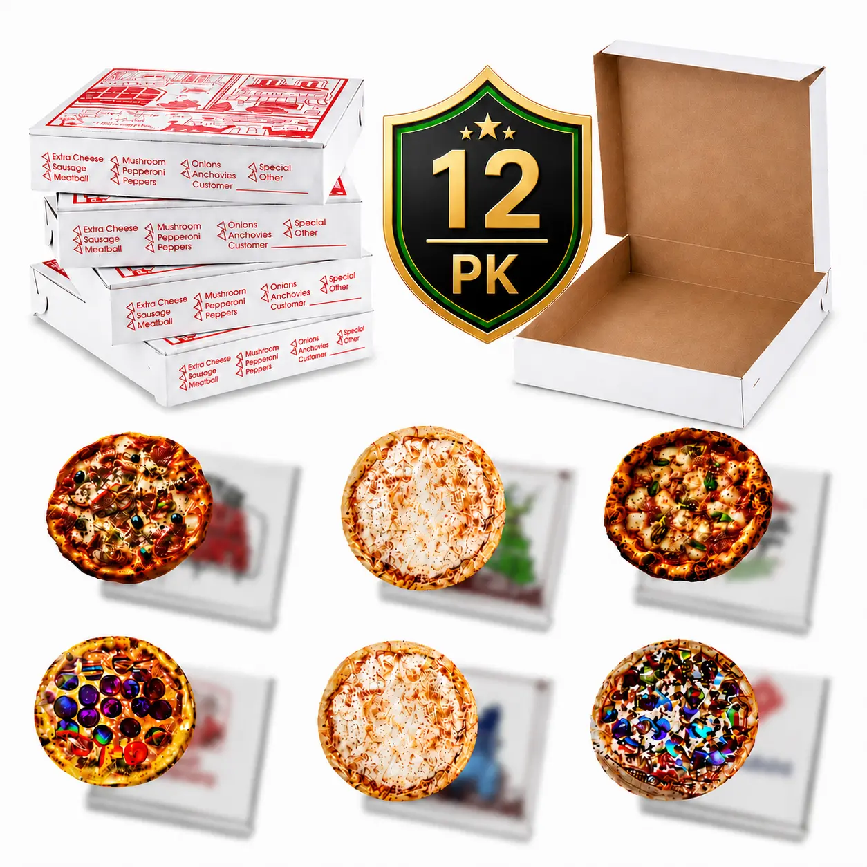 12 pk Mini Pizza Boxes with Matching Round Pouches Inserts