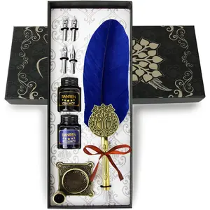Quill pen ink set,Feather Pen and Ink Set,Antique Calligraphy Pen with 4 Replaceable Nibs,2 Bottle of ink,Feather Dip Pen Holder Christmas Gift for Men&Women (Blue)