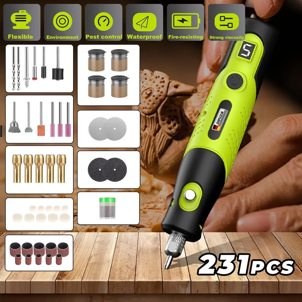 Summerfinds Green Handheld Electric Grinder Rotary Tool - 5-Speed Adjustment, 18000 RPM, Rechargeable Wireless Lithium Drill, Artificial Jade Carving Power Tool, Portable, Unique Color, Included Batteries & Various Accessories