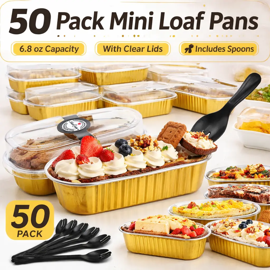 50-Pack Thick Rectangular Disposable Aluminum Foil Mini Baking Pans - 6.8oz, Plastic Lids & Spoons, Individual Utensils for Desserts, Oven/Air Fryer/Freezer Safe, Ideal for Parties, Gifting