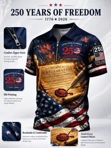 Patriotic American flag men's collared polo shirt, commemorating the 250th anniversary of the United States (1776) with a quill pen and wax seal, a gift polo shirt for July 4th, 2026. Zip-up polo shirt.