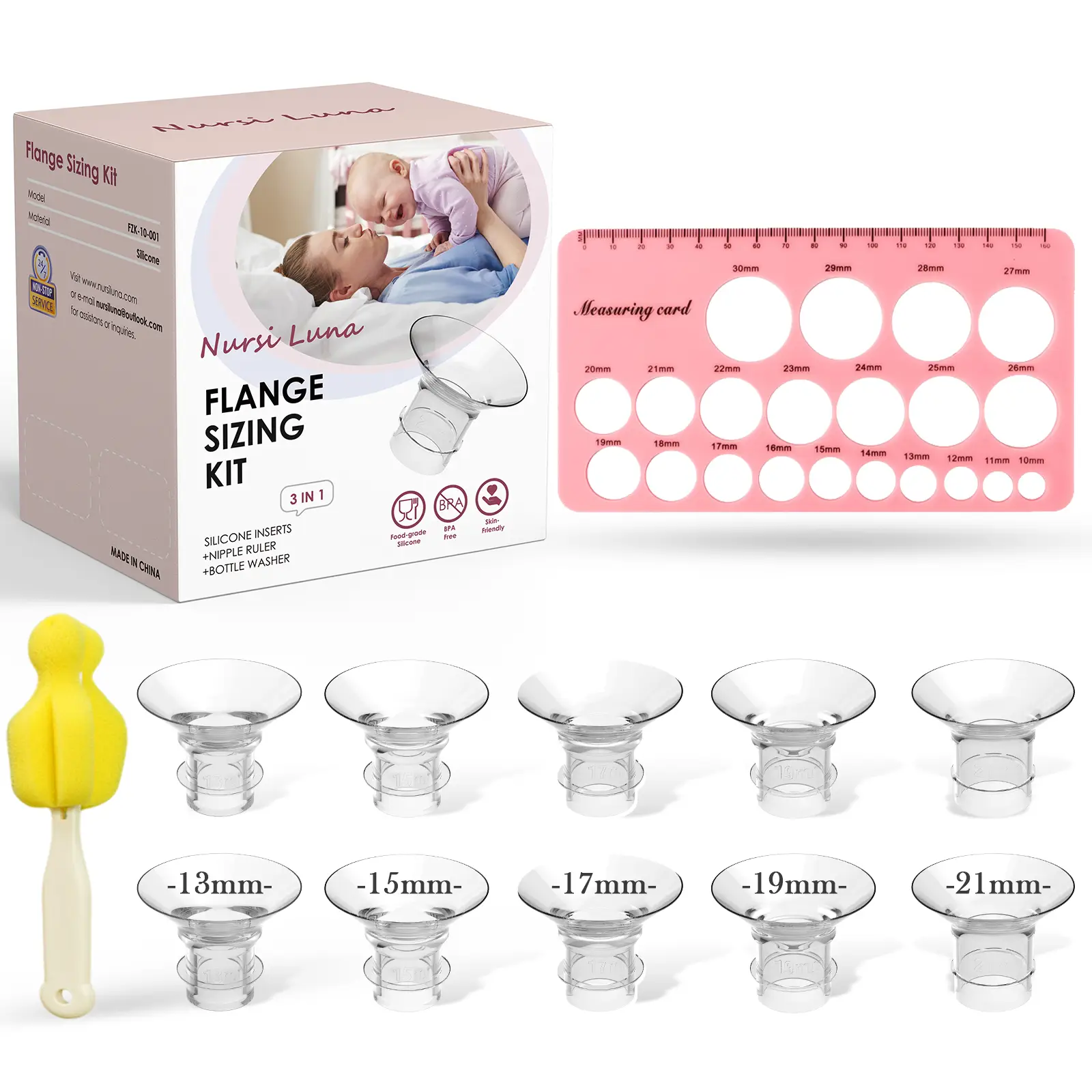 Nursi Luna Flange Sizing Kit 3 in 1 Ultimate with 10PCS Flange Inserts 13/15/17/19/21mm, Measuring Ruler, Cleaning Brush