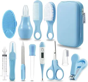 PandaEar Baby Healthcare & Grooming Kit - Safe Comb Brush Finger Toothbrush Nail Clippers Scissors Nasal Aspirator Nursery Care Set for Newborns & Toddlers Blue