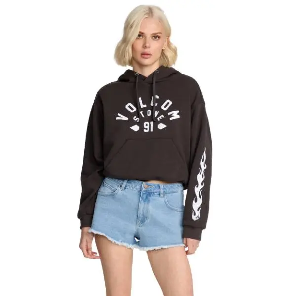 VOLCOM Women's 1991 Stoned Denim Shorts - Soft Stretchy High-Waisted Vintage Beach Bottoms with a Slouchy Fit and Raw-Edge Hem, Blueprint, Button, Casual, Pocket