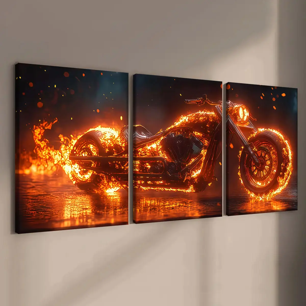 3-Piece Wooden Frame Canvas, Flame Harley Motorcycle Triptych Decorative Poster, Modern Art, Waterproof, Home Wall Art for Living Room, Bedroom, Office