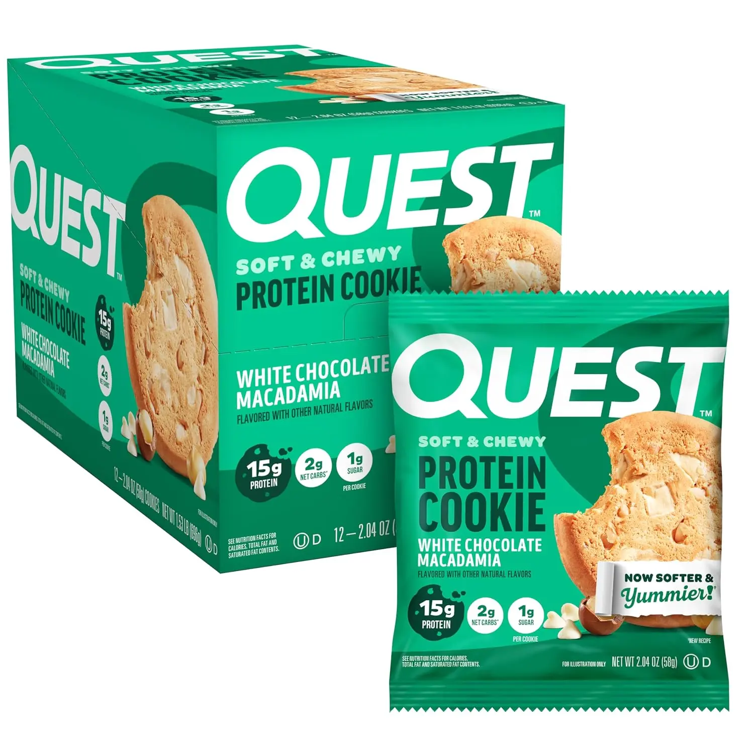 Quest Nutrition White Chocolate Macadamia Protein Cookie, 12 Count | 15g Protein, 1g Sugar, 2g Net Carbs, Keto Friendly, Soft & Chewy with White Chocolate Macadamia Flavor, Individually Wrapped